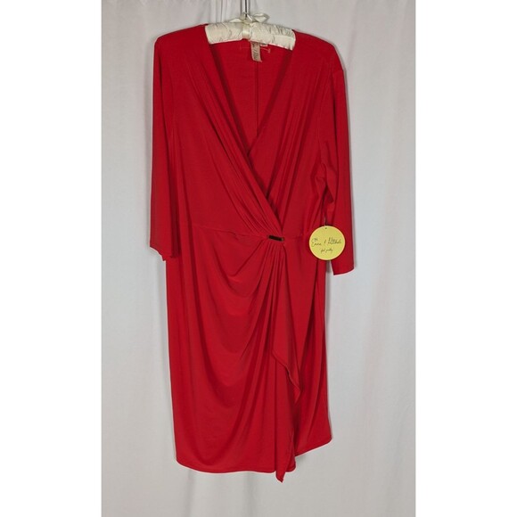 Emma & Michele Dress 2X Women's Red Vneck Drape Faux Wrap 3/4 Sleeves Valentines - Picture 1 of 9